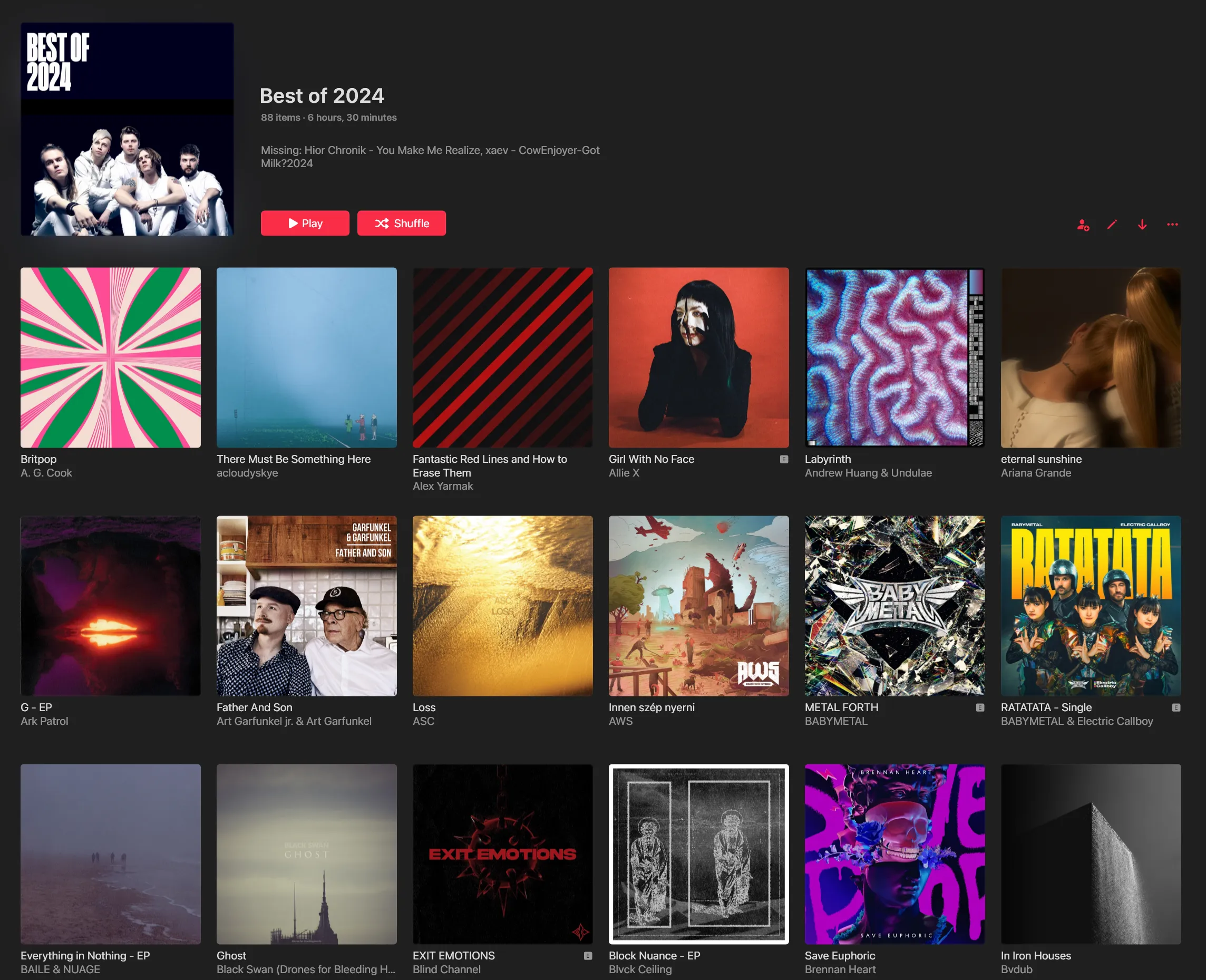 My Best of 2024 playlist laid out in Apple Music for Windows, showing the album art for each album that's present in this playlist instead of a list view containing tracks.