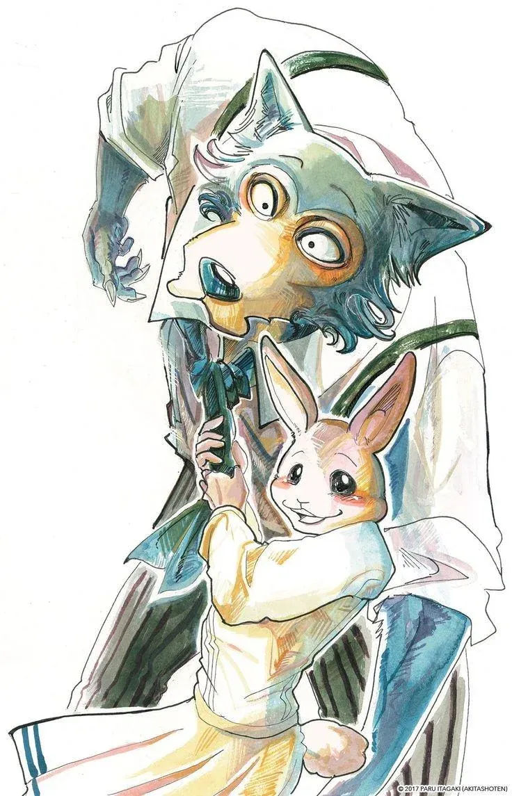 The cover of Beastars volume 1, showing Legoshi (an anthropomorphic gray wolf) in school uniform biting his hand.