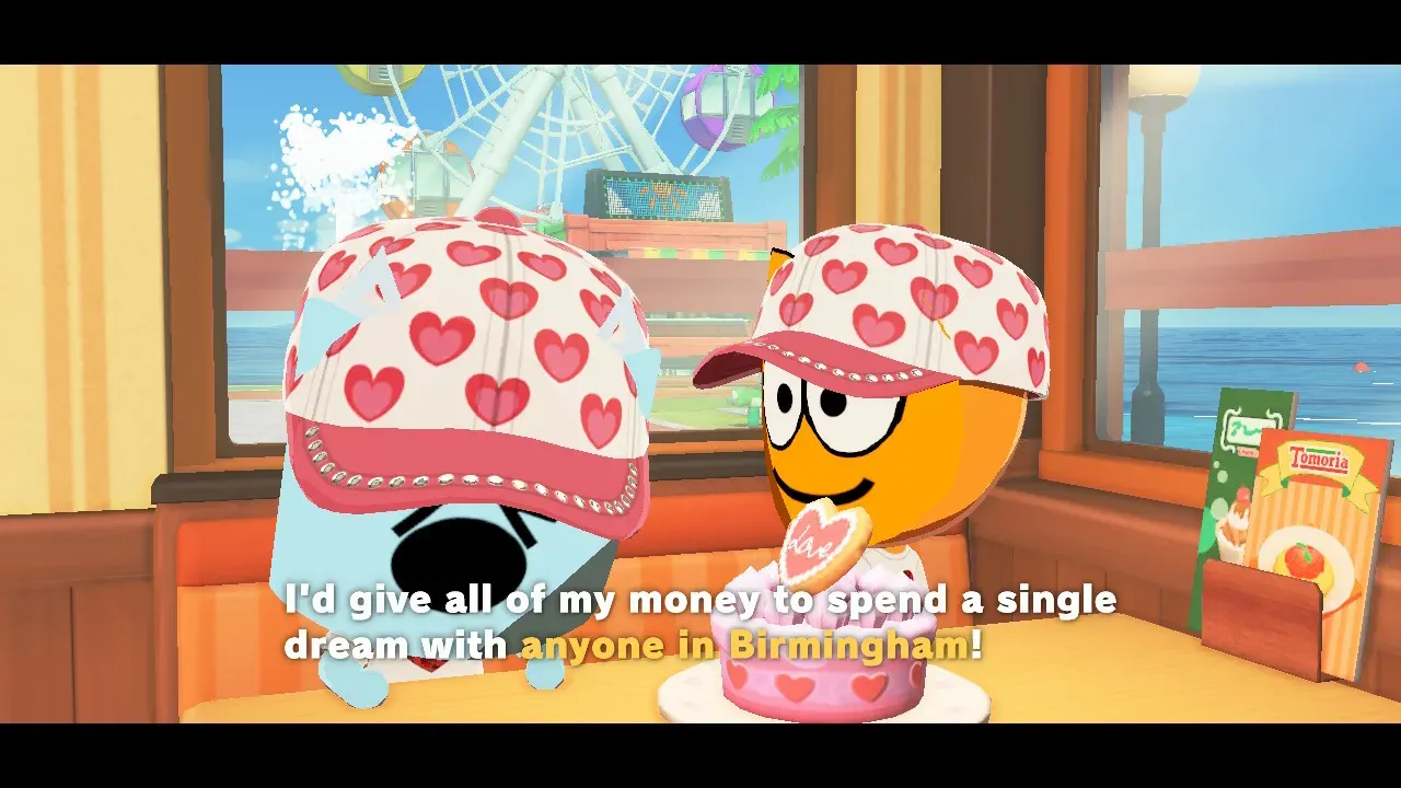 A screenshot of Tomodachi Life: Living the Dream with two Miis - Sadcube (from Just Shapes and Beats - her face is a blue rounded square with triangle cat ears) and Wander (from Wander Over Yonder, an orange alien with a rounded fwoop on the top of his head, with big toony eyes and a big smile) in a fan meeting, wearing a pink and white cap with heart patterns, at a table with a pink cake with hearts around the base, sporting a heart-shaped cookie with Love written on it on top. Sadcube is slamming her hands on the table shouting that she'd give all of her money to spend a single dream with anyone in Birmingham