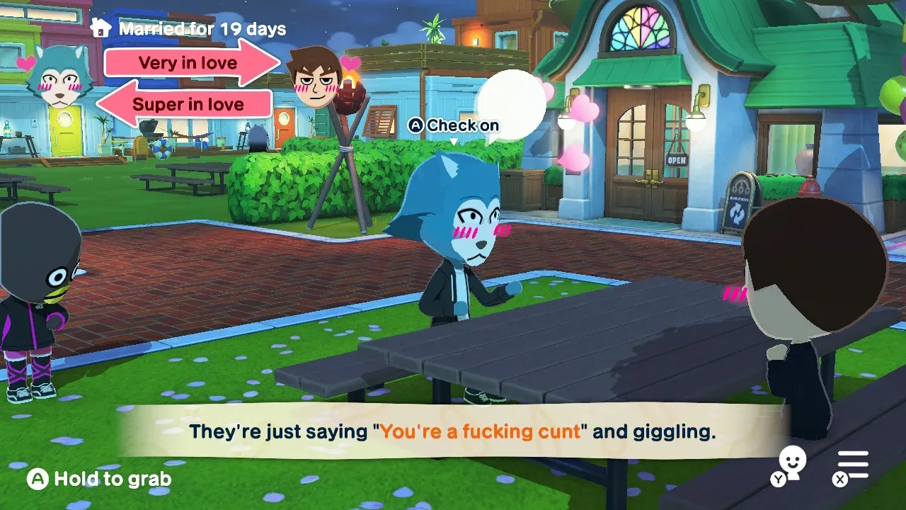 A screenshot of Tomodachi Life: Living the Dream with two Miis: Legoshi (from Beastars, an anthropomorphic gray wolf) and me (a human with brown hair). The two are sat at a picnic table, looking at each other - the prompt from the game is reads "They're just saying "You're a fucking cunt" and giggling. In the background is Tux, a Mii based on Tux the Penguin (the iconic mascot of the Linux kernel), who looks shocked."