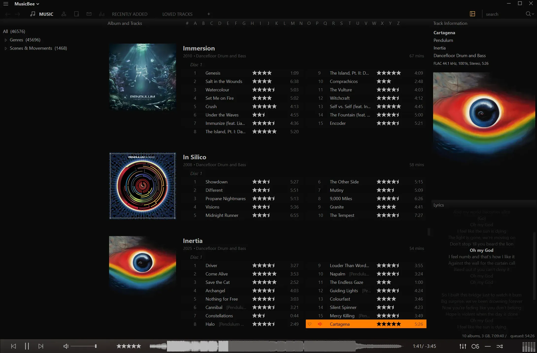 The user interface of MusicBee. On the top of are seven tabs (5 icon-only, two text only) - Music, Artist Explorer, Playlists, Inbox, Now Playing, Recently Added, Loved Tracks. In the main view, there are three columns: left has the Tag Hierarchy Explorer, middle has the song list (currently showing albums by Pendulum), the right has the now playing track (Cartagena by Pendulum) and the album art, with the lyrics below it. The bottom has playback controls, volume controls, the rating of the current song, a waveform of the current playing song filled depending on how far into the song I am, and icons for equaliser/DSP, last.fm, repeat and shuffle settings.
