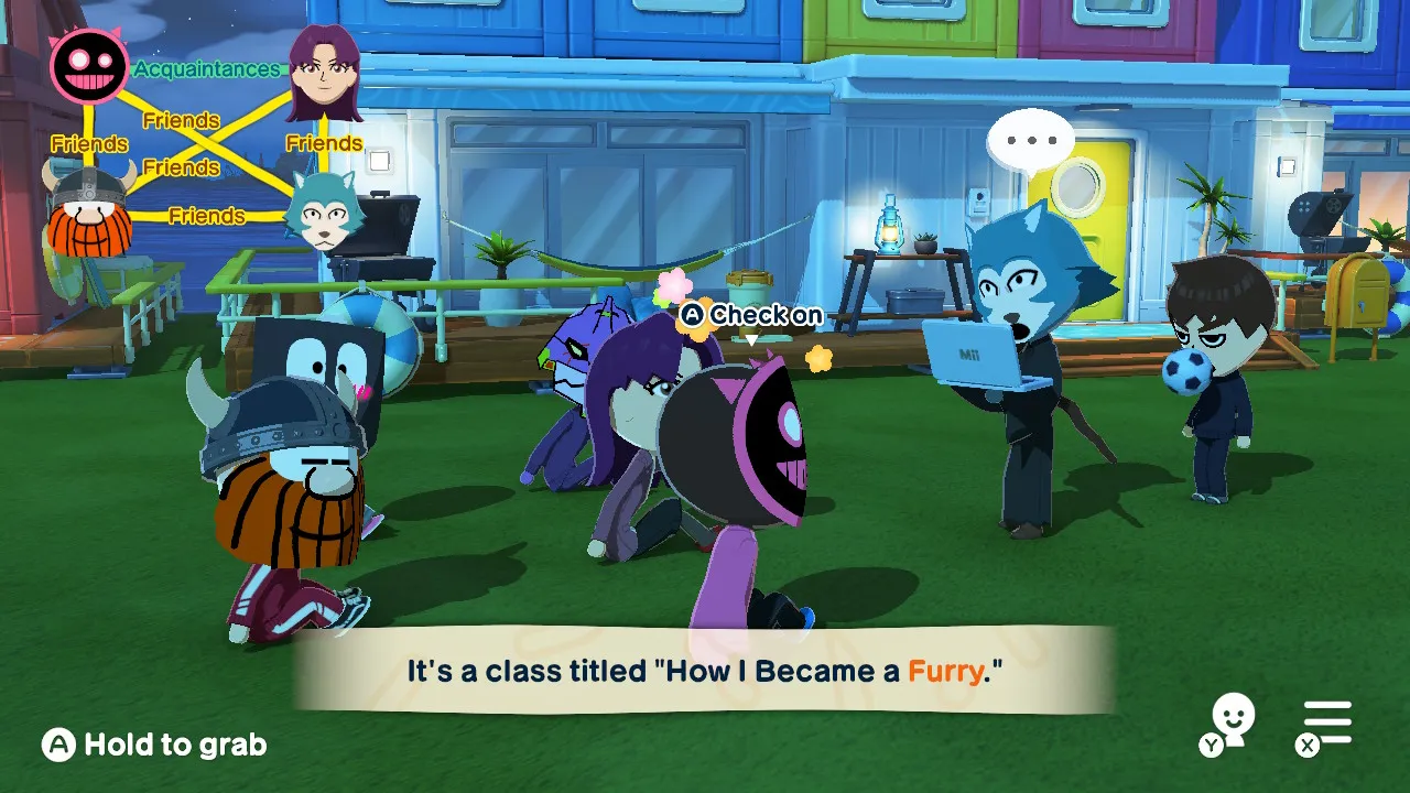 A screenshot of Tomodachi Life showing Legoshi carrying a laptop, hosting a lecture titled 'How I Became a Furry'. Behind him is my Mii playing keep-up with a soccer ball. The Miis being lectured are, on the front row: Evangelion Unit 01 (purple robot with green accents) and Misato Katsuragi (human woman with long purple hair and brown eyes) - both from Evangelion, Blixer (a circle with triangles attached to him, uneven pink/white eyes and a big grin) from Just Shapes and Beats, Mr. Energizer (an anthropomorphic Energizer battery) and Hagar the Horrible (male human with a big round nose, big smile and a very bushy brown beard).