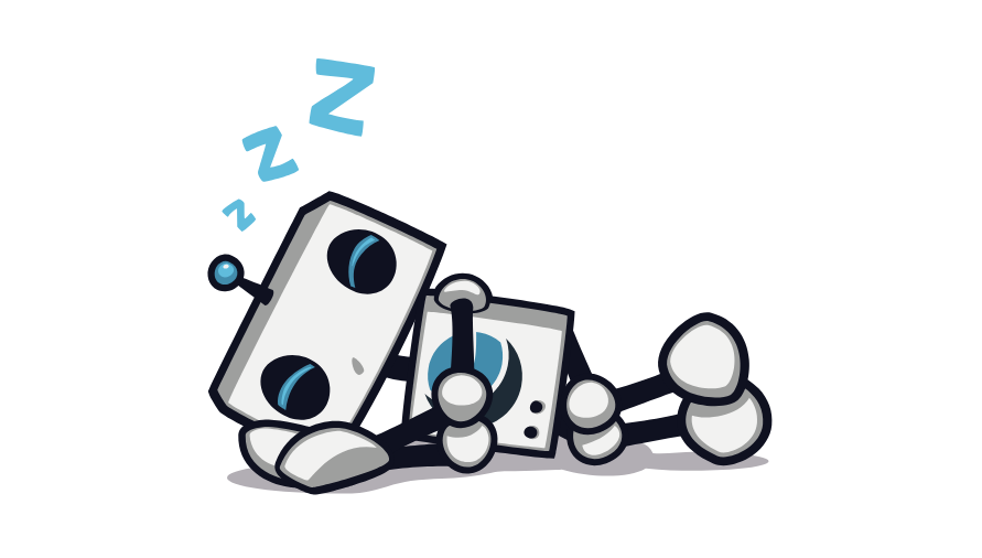 A robot with a rectangular cuboid head, a black antenna with a blue ball on top, blue eyes, round grey joints, black limbs, and a square cuboid body with the Dreamhost logo on it, sleeping.