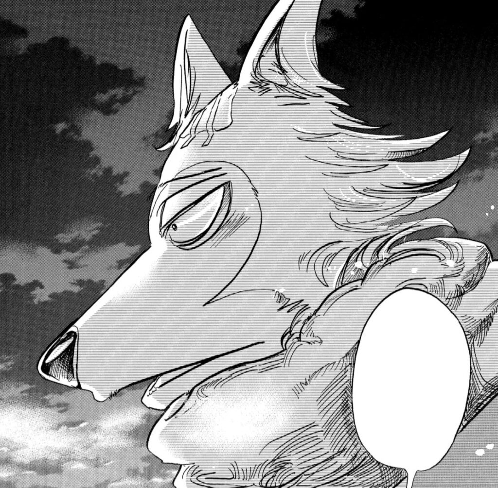 Beastars manga headshot crop of Legoshi, an anthropomorphic gray wolf, looking pensively.