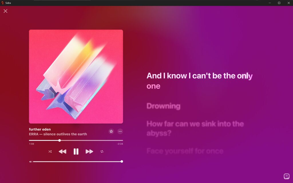 Apple Music's web client running in Sidra, showing the Immersive View displaying the album art and lyrics, which are synced word-by-word like in karaoke.

Song: ERRA - further eden
