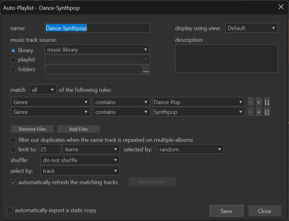 A MusicBee auto-playlist settings window for the Dance-Synthpop playlist, 