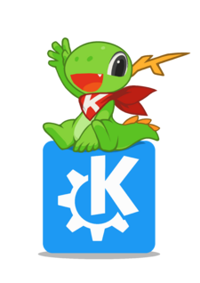 Konqi, the green anime-styled dragon mascot of the KDE desktop environment, waving to the viewer sitting on top of a square KDE logo, represented by a K on top of a cog.